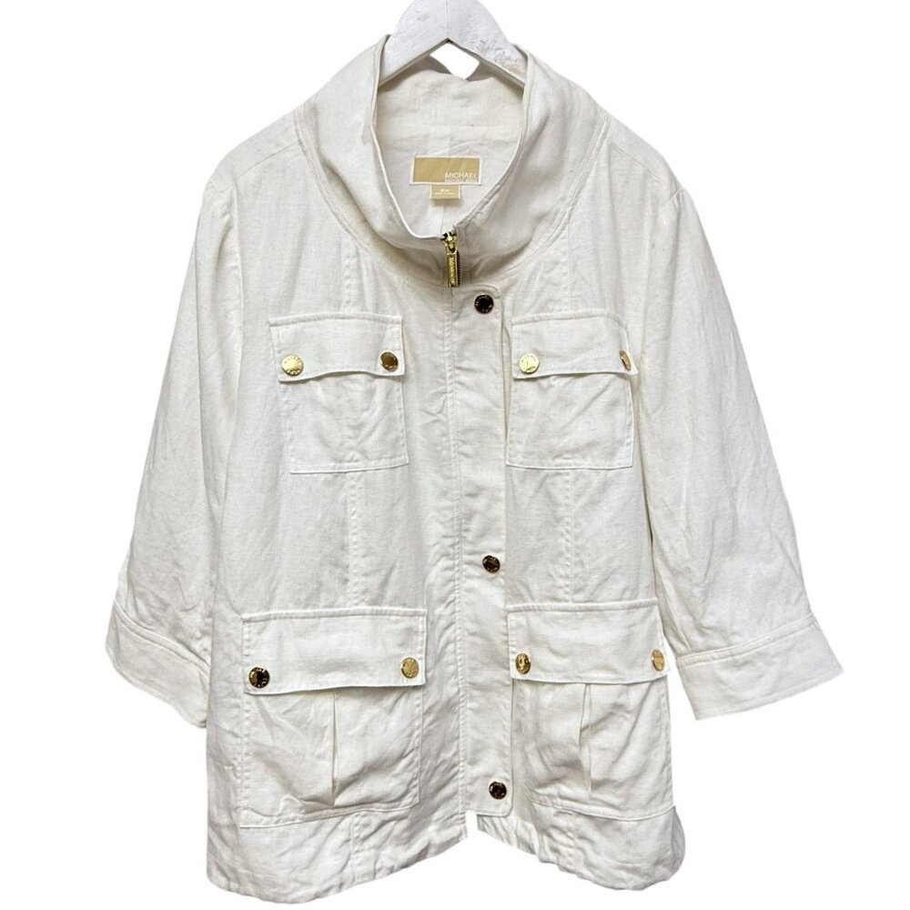 MICHAEL KORS Linen Utility Jacket Plus Size 2X Cream White Safari Zip Front